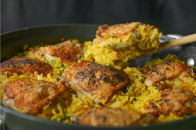 Golden Chicken Thighs with Saffron Rice